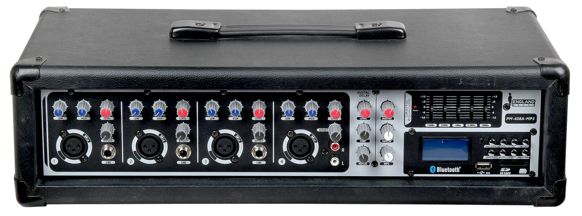 MEZCLADORA AMPLIFICADA, 4 CANALES, 100W, USB, SD CARD, BT, MP3, 4 OHM