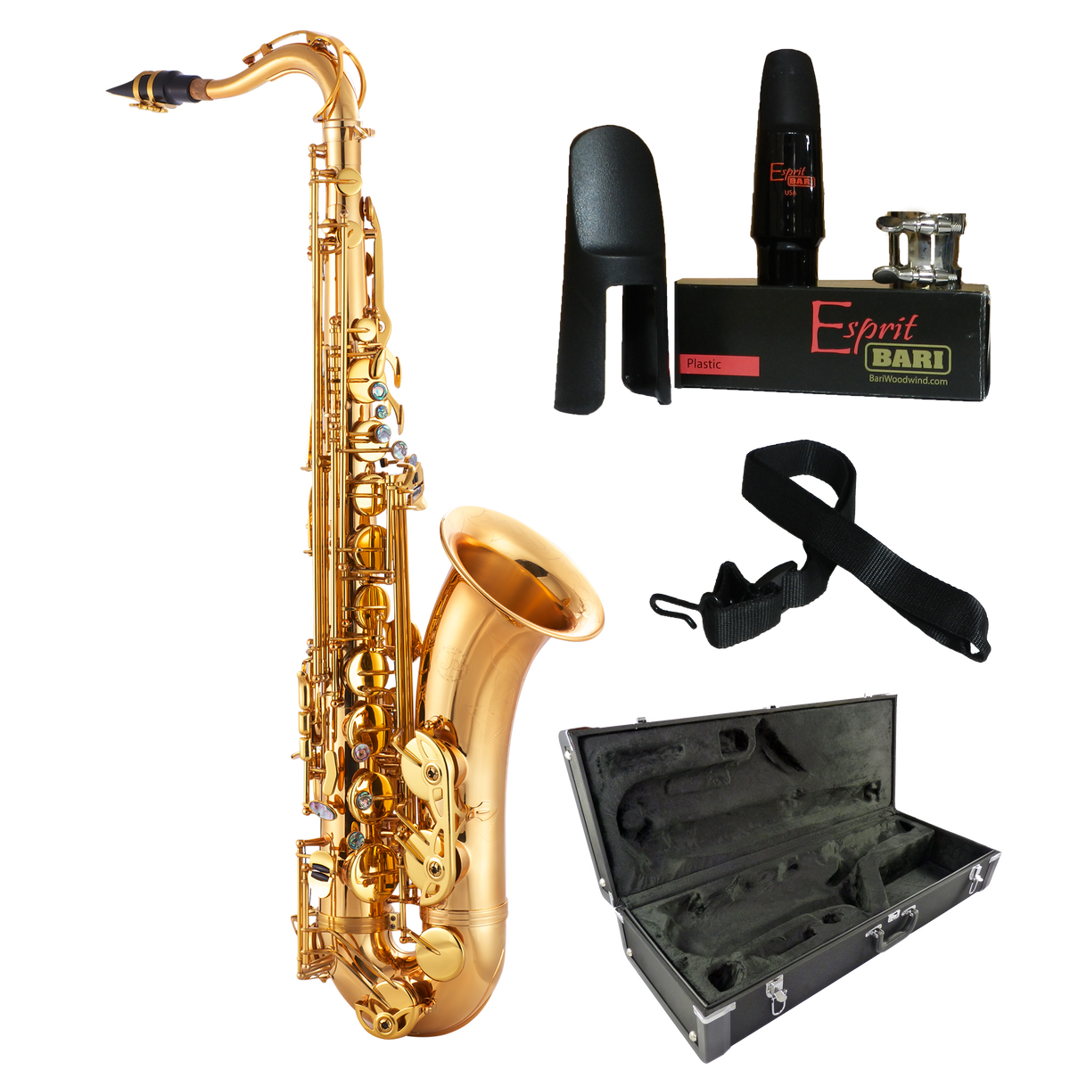 SAXOFON TENOR, TONO SI BEMOL, ACABADO DORADO LAQUEADO, INCLUYE BOQUILLA CON ABRASADERA, CORREA Y ESTUCHE