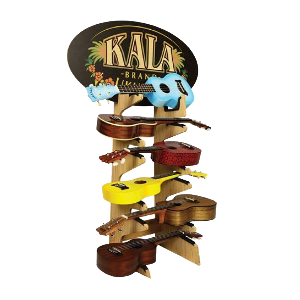 SOPORTE DE PISO PARA EXHIBICION DE UKELELES, MADERA MDF, 6 DIVISIONES