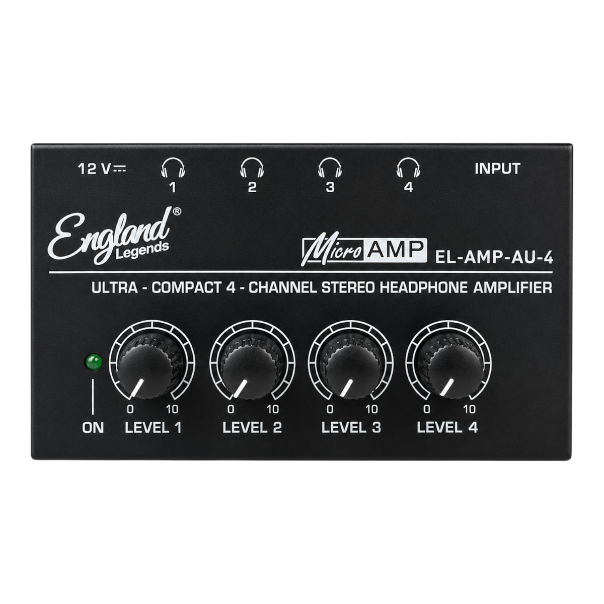 AMPLIFICADOR PARA AUDIFONO DE 4 CANALES, SALIDAS ESTEREOS, ENTRADA CONECTOR XLP/TRS DE ¼" CON MECANISMO DEBLOQUEO, LED DE ENCENDIDO