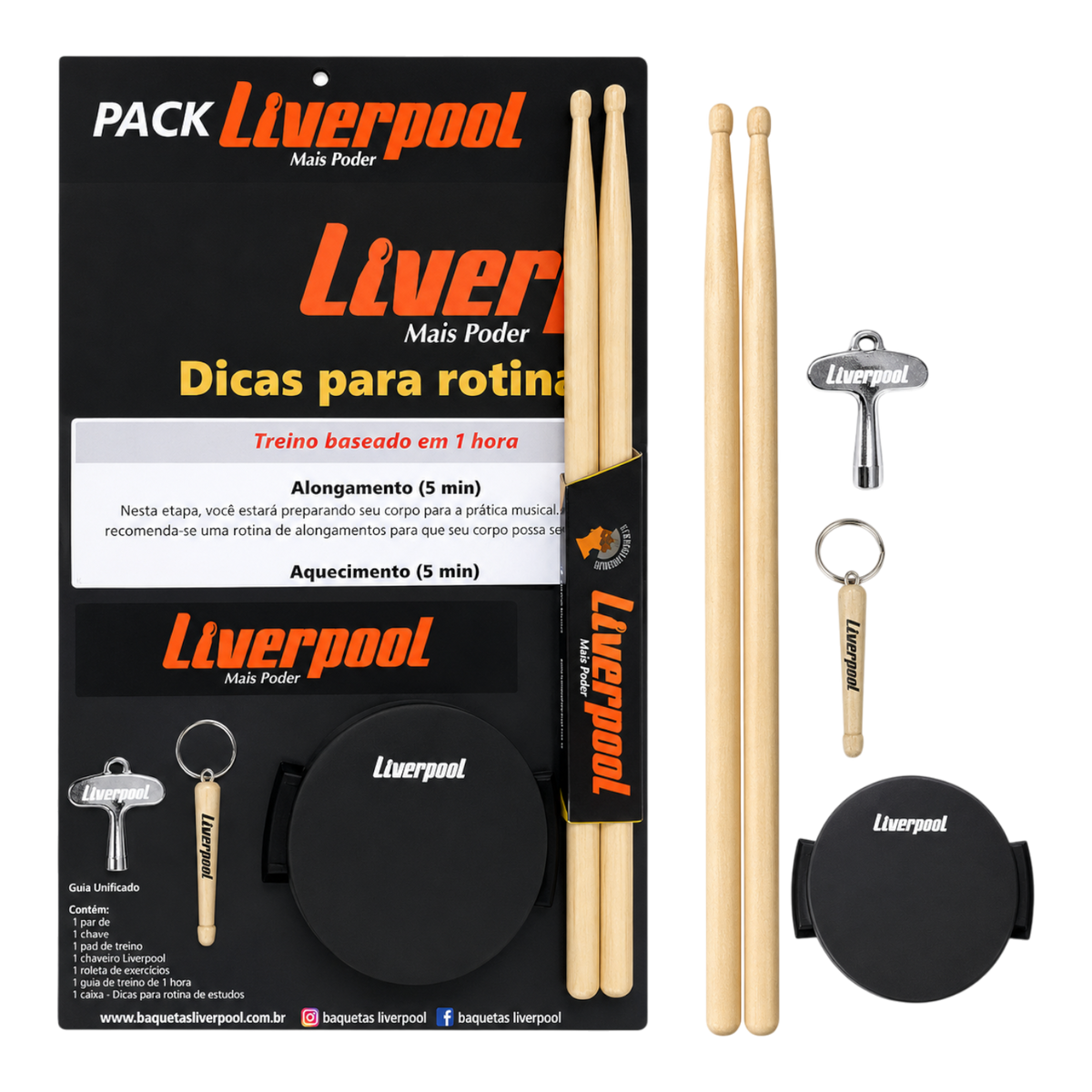 KIT PARA ESTUDIANTES DE PERCUCION, FOLLETO RUDIMENTOS, PAD, BAQUETAS 5A, LLAVERO Y LLAVE DE AFINACIÓN