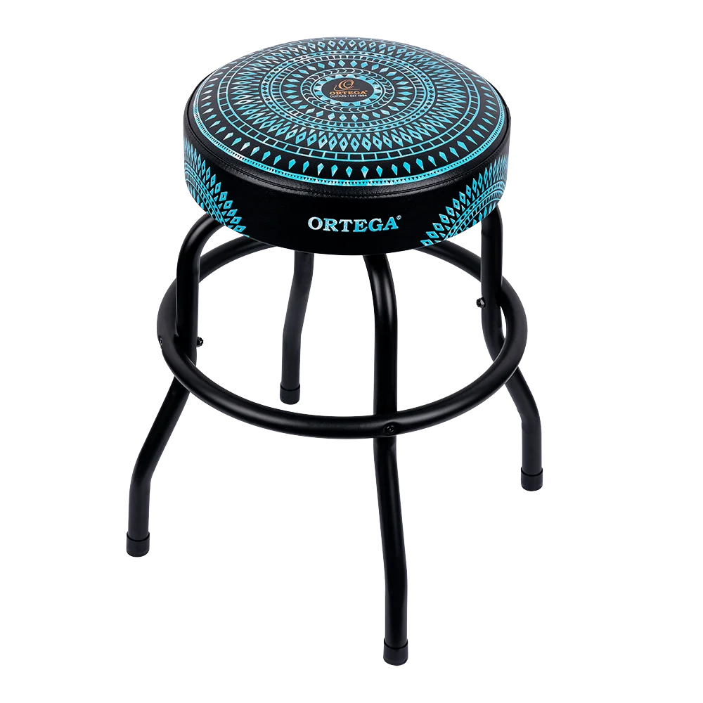 TABURETE ALTO, CON ASIENTO GIRATORIO ACOLCHADO PARA SHOW EN VIVO, METALICO, COLOR AZUL CALEIDOSCOPIO