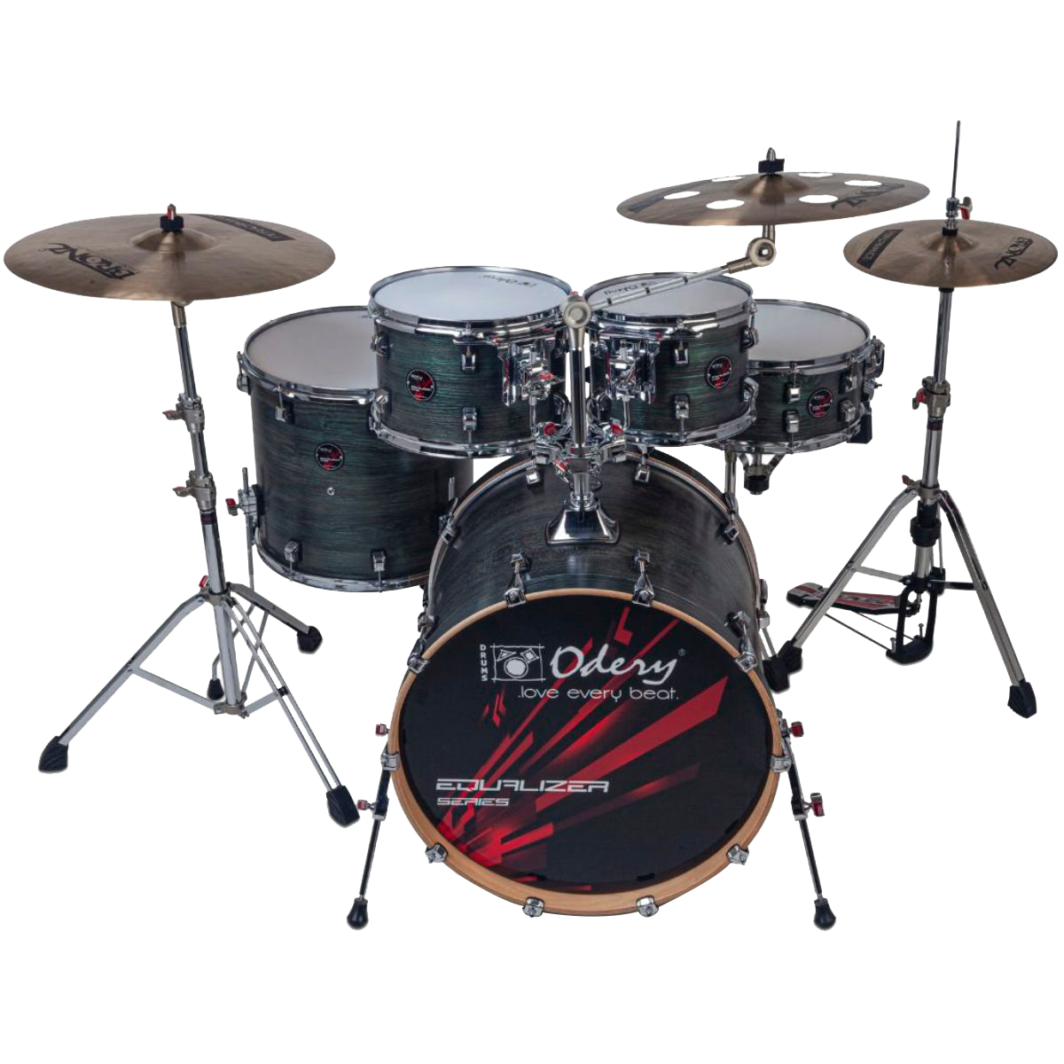 SET DE BATERIA ACUSTICA, SERIE EQUALIZER, MADERA DE TILO, COLOR GREEN OCEAN, PEDAL CON DOBLE CADENA, INCLUYE 3 PEDESTALES