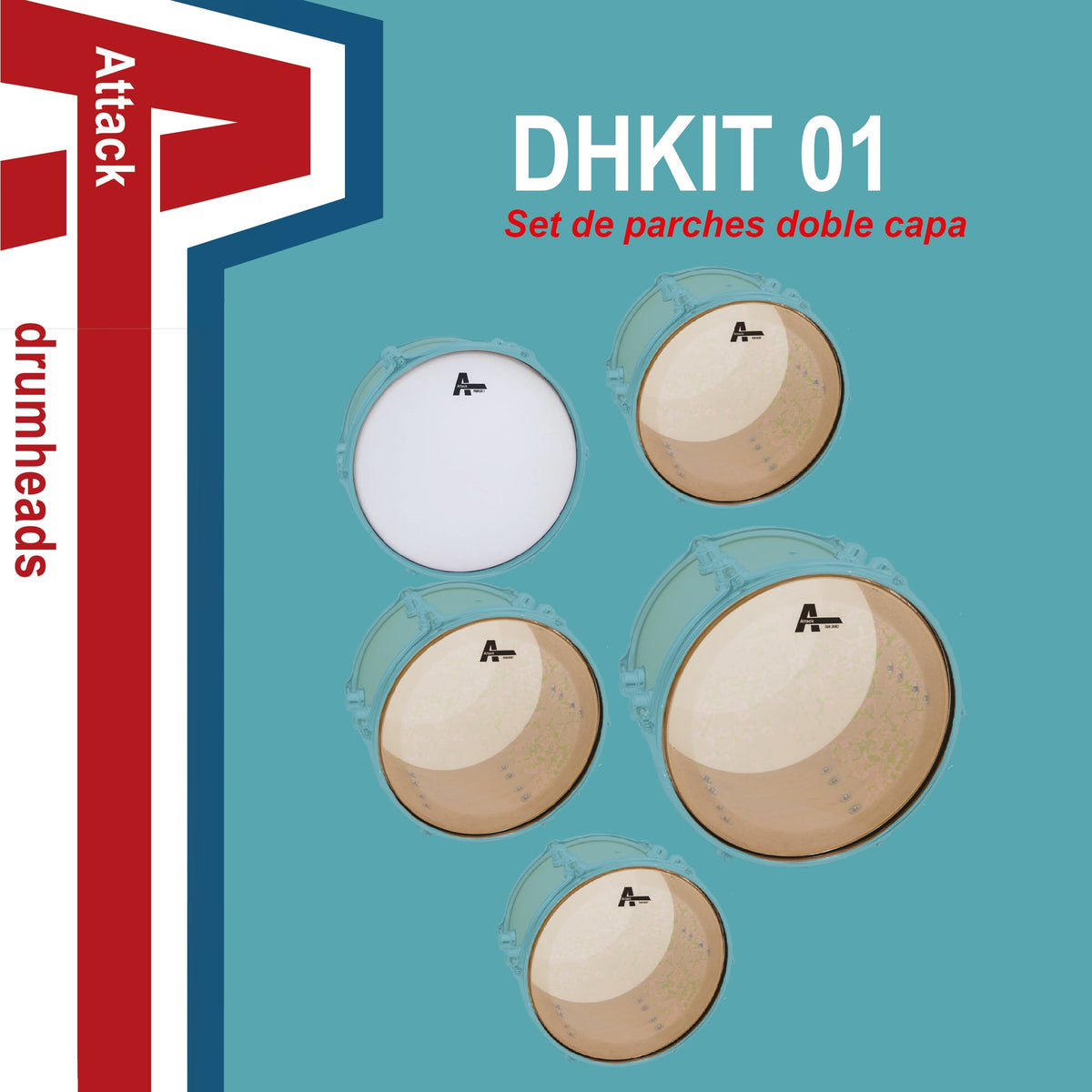 SET DE PARCHES PARA BATERIA CONFIGURACION 10",12",16", 22" SERIE DHTS2 DOBLE CAPA TRANSPARENTE + 14" RUGOSO SERIE DHA DE UNA CAPA