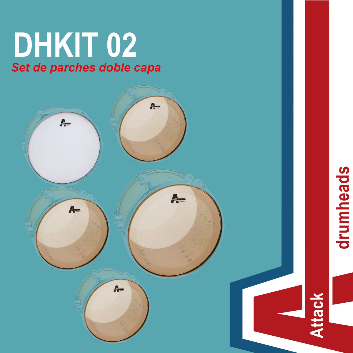 SET DE PARCHES PARA BATERIA CONFIGURACION 12",13",16", 22" SERIE DHTS2 DOBLE CAPA TRANSPARENTE + 14" RUGOSO SERIE DHA DE UNA CAPA