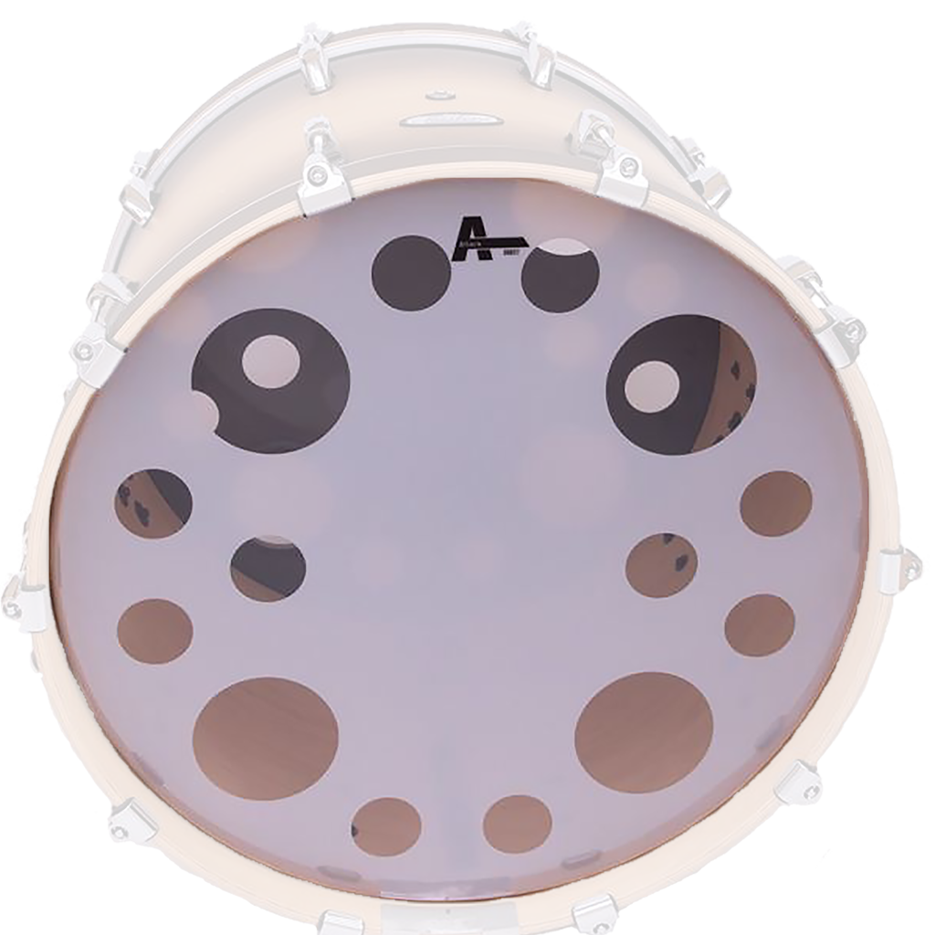 PARCHE  22" PARA BOMBO, CABEZAL DE IMPACTO, DOBLE CAPA DE  10 MIL., TRANSPARENTE / BLANCO CON APAGADOR DE ARMONICOS