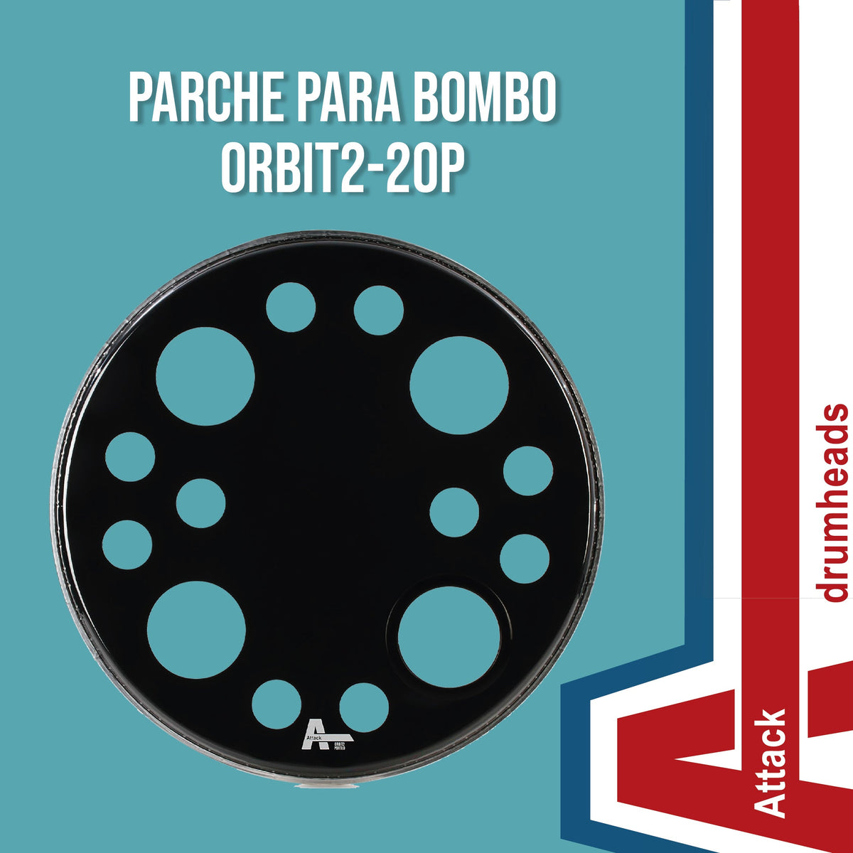 PARCHE 22" PARA BOMBO, CABEZAL FRONTAL, DOBLE CAPA DE 10 MIL., TRANSPARENTE / NEGRO CON APAGADOR DE ARMONICOS