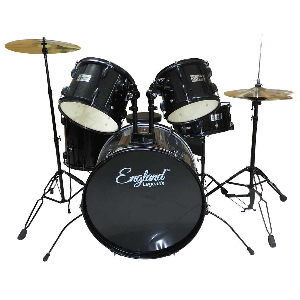 BATERIA ACUSTICA SET DE 5 PIEZAS COLOR NEGRO, INCLUYE PEDESTALES NIQUELADOS PARA HI-HAT Y CYMBAL, PLATILLOS HI-HAT 14 PULG., CRASH 18 PULG., SILLA Y PALILLOS