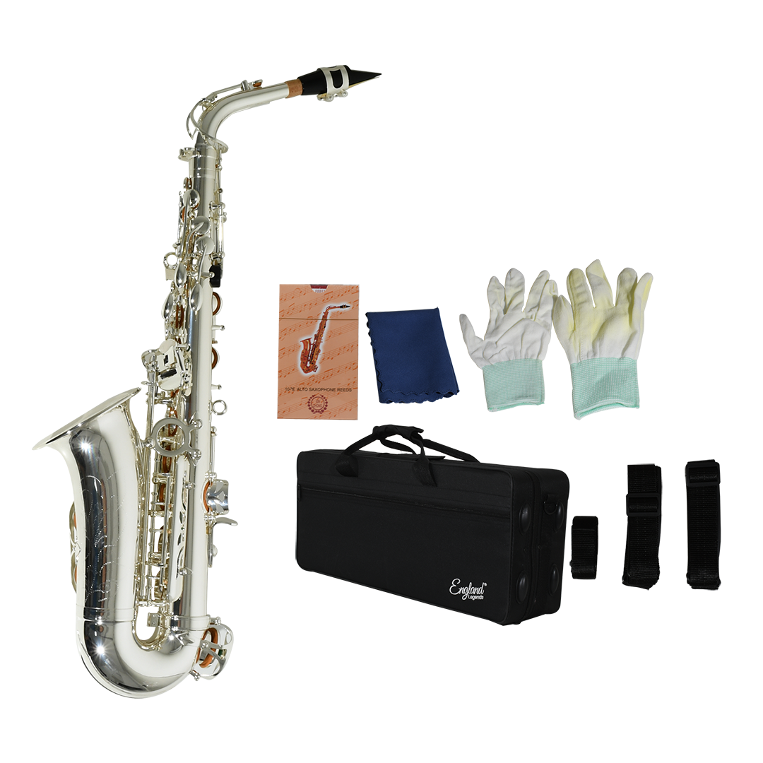 SAXOFON ALTO, ACABADO PLATEADO, INCLUYE ACCESORIOS COMO ESTUCHE,KIT DE LIMPIEZA, CORREA Y GUANTES BLANCOS