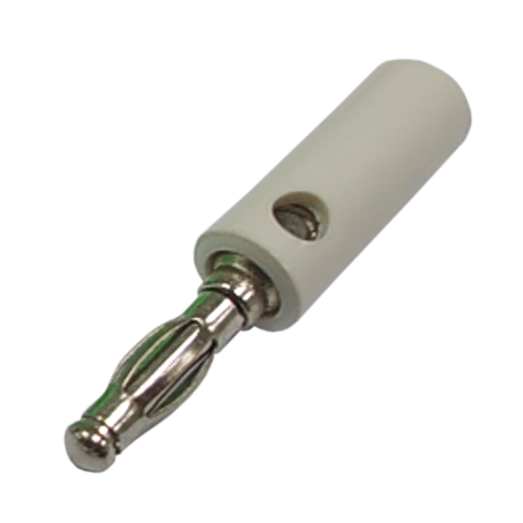PLUG BANANA PLATEADO, BLANCO, PLASTICO